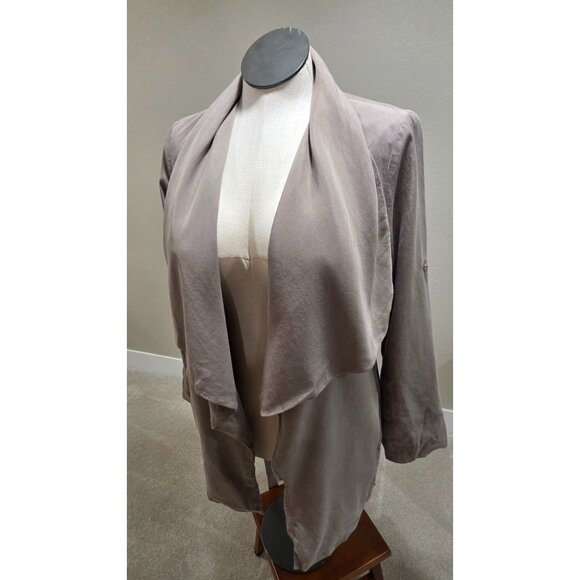 Draped Shawl Collar Taupe Open-Front Long Sleeve Jacket - Picture 3 of 12